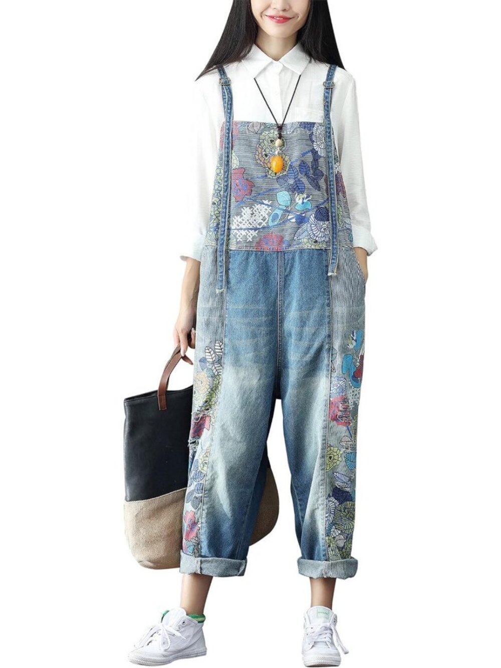 Vintage Distressed Denim Overalls for Women | Boho Floral Patchwork Style